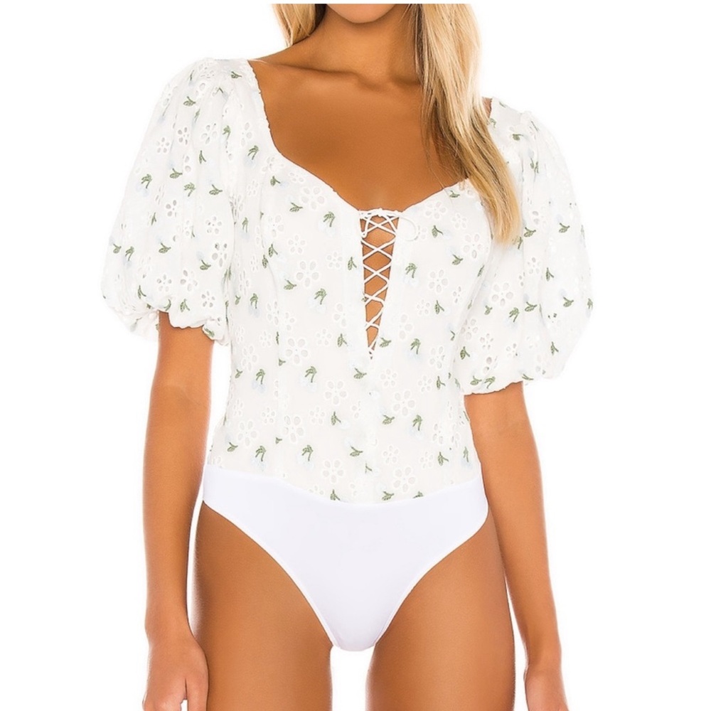 For Love & Lemons Blue Cherry White Lace Up Bodysuit